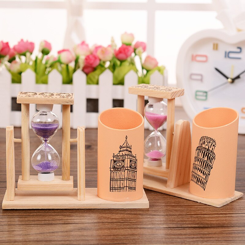 Lápiz de reloj de arena giratorio de madera, soporte de pluma, decoración de escritorio, artesanías, adornos, para estudiantes