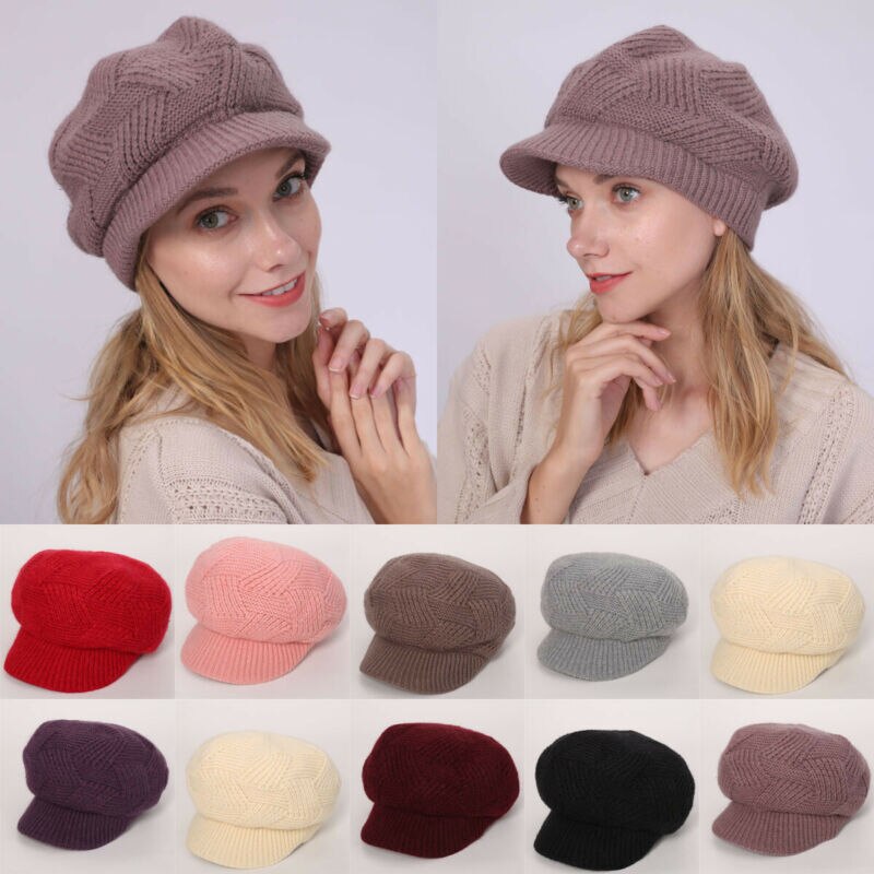 Women Winter Crochet Pure Color Hat Cap Velvet Faux Rabbit Fur Knitted Hat Brim Beret Cap Headwear For Women Girls