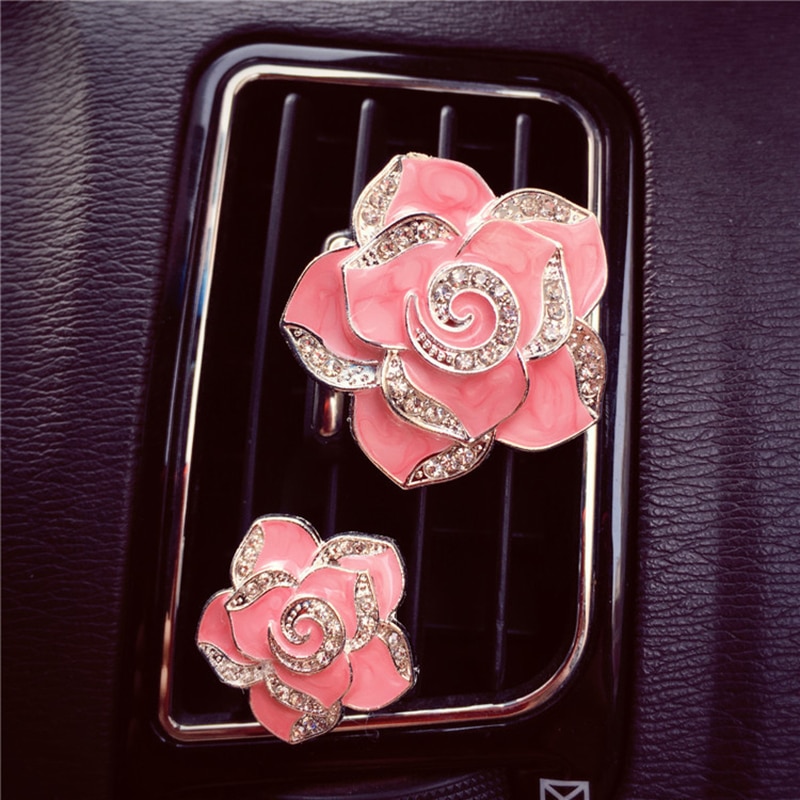 Udsøgt metalfarve blomster auto tilbehør styling smuk camellia bil parfume luftfriskende middel til klimaanlæg