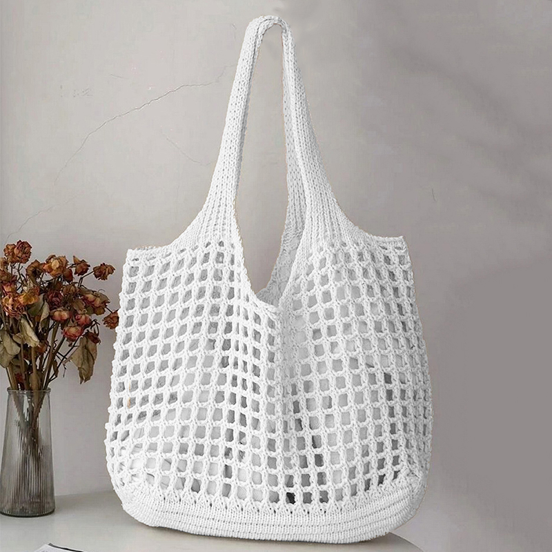 Bolsa tote feminina de crochê, bolsa de praia vazada, grande capacidade, moda de malha, cor sólida, bolsa de compras simples para viagens e férias
