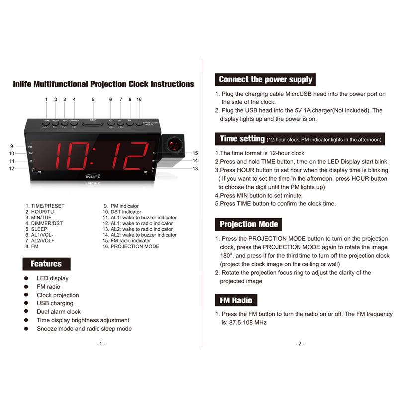 Digital projektor radio alarm alarm snooze timer temperatur led display usb opladning kabel 180 graders bordvæg fm radio ur