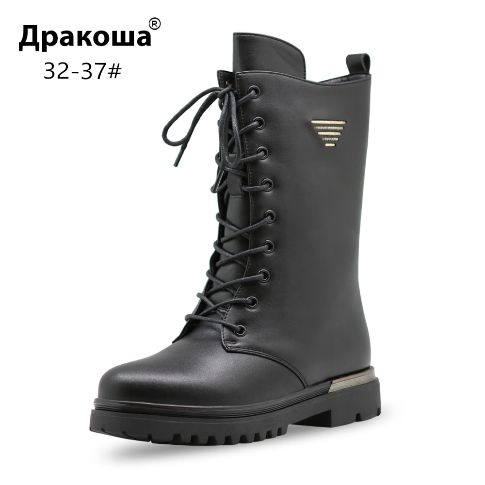 Apakowa Engeland Rubberen Winter Laarzen Vintage Zwart Lederen Meisje Snowboots Thicken Bont Gevoerde Hoge Knie Warm Kinderen Winter Schoenen