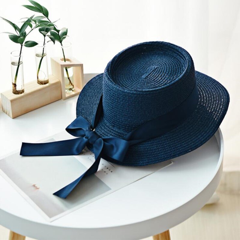 Seioum summer straw hat women big wide brim beach hat sun hat foldable sun block UV protection panama hat bone chapeu feminino: Navy