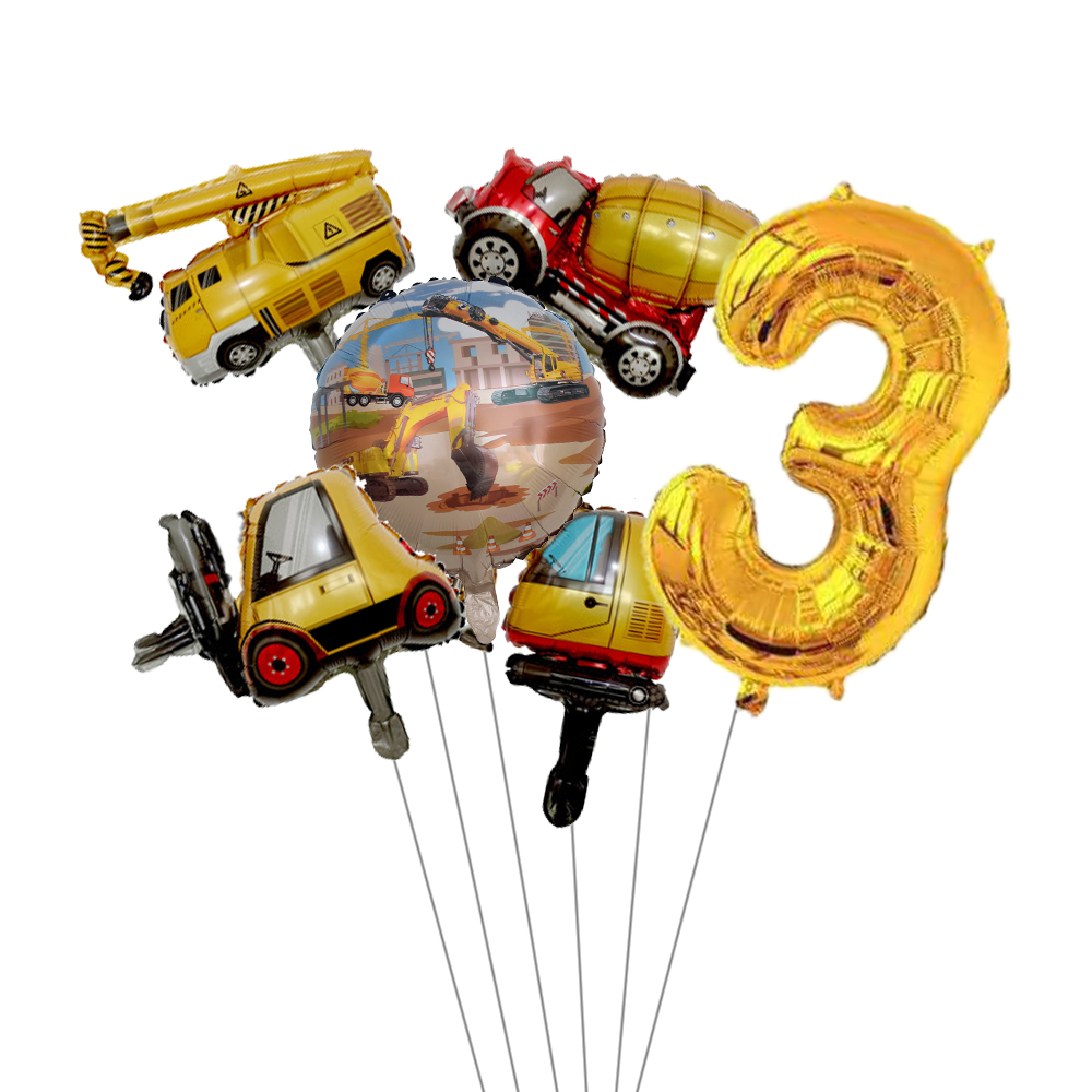 6pcs Mini Carton Vehicle Balloon with 32inch Gold Number Balloon Set for Boy's Construction Themed Birthday Party Decorations: AGATE