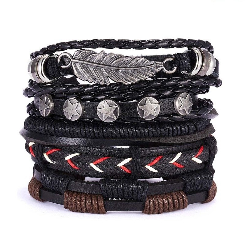 Pulseras trenzadas de cuero multicapa para hombre, brazaletes de cuerda hechos a mano, con forma de búho, hoja y estrella, para: 01