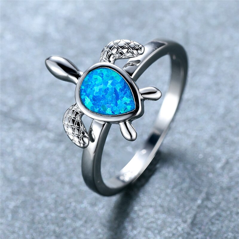 Wit Blauw Opal Water Stone Ring Charm Zilver Kleur Schildpad Ring Vrouwelijke Schattige Kleine Zee Schildpad Ringen Voor Vrouwen boho Sieraden: 9 / Blue