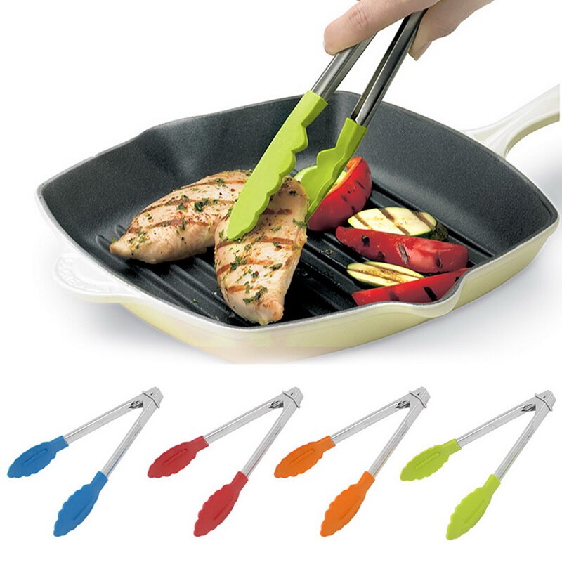 Siliconen Keuken Koken Salade Serveren Bbq Tang Rvs Handvat Gebruiksvoorwerp Barbeque Tang Voedsel Clip