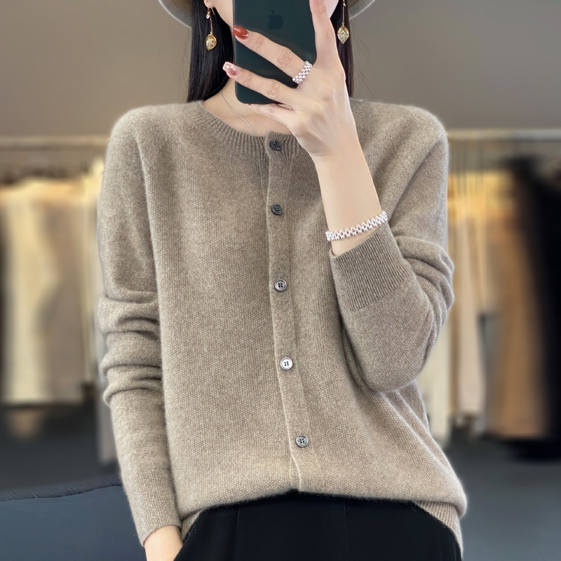mujer 100% cárdigans de lana merina suéter de cachemira Otoño Invierno cuello redondo prendas de punto de manga larga ropa básica femenina Tops