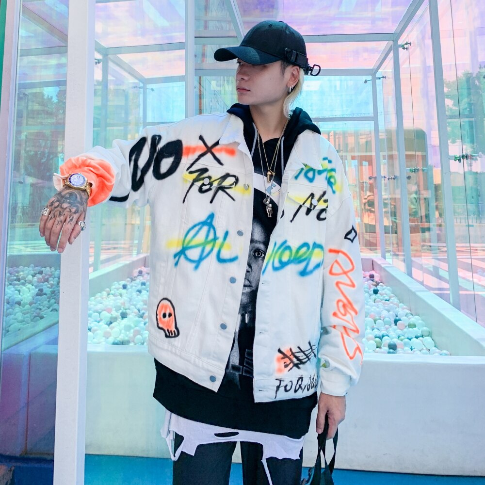 Graffiti Print Wit Denim Jassen Streetwear Hip Hop Casual Punk Rock Jeans Jas Jassen Uitloper Hipster Tops WQ173