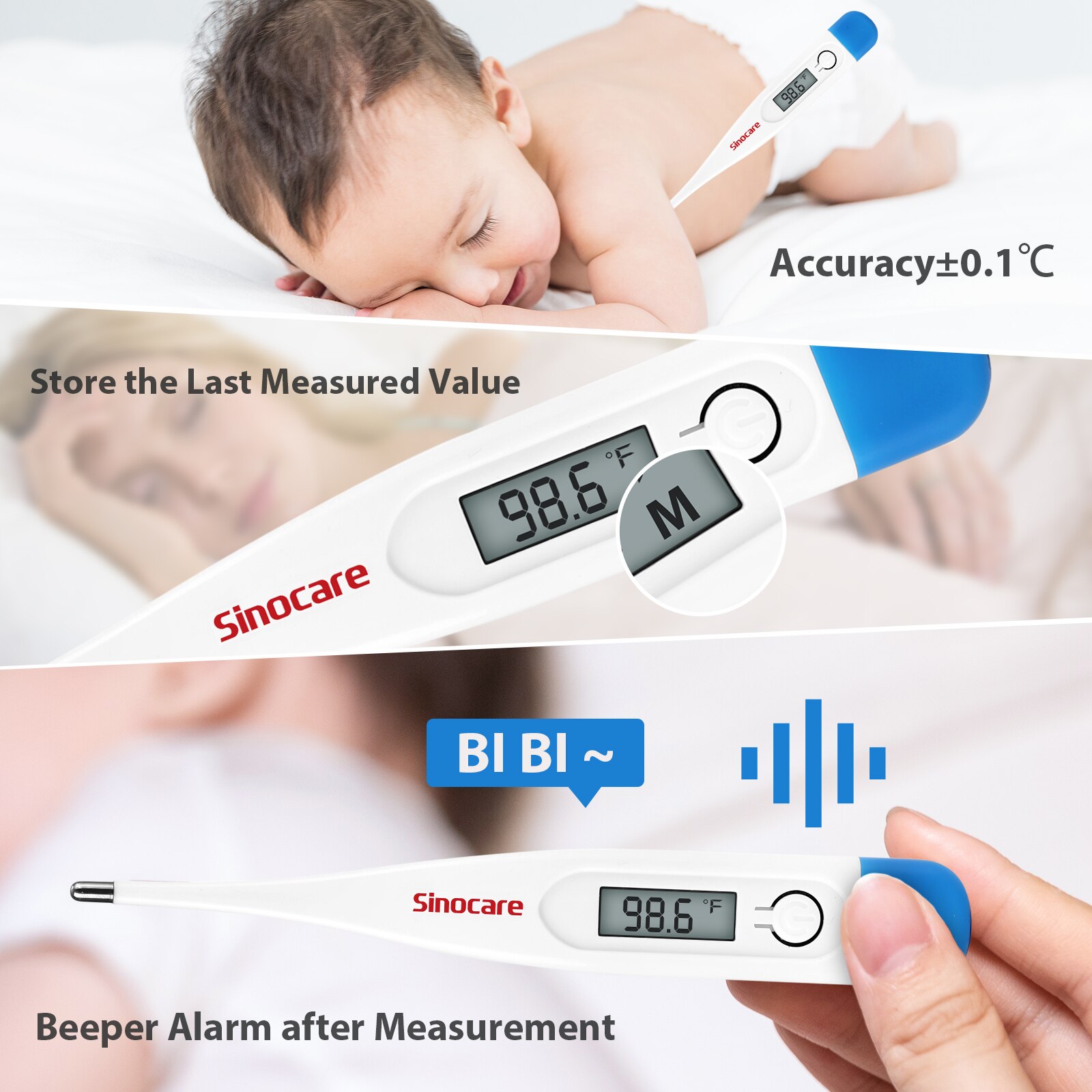 Sinocare-Termómetro digital para el hogar, medidor de temperatura corporal basal, oral, axila o rectal, con pantalla LCD electrónica