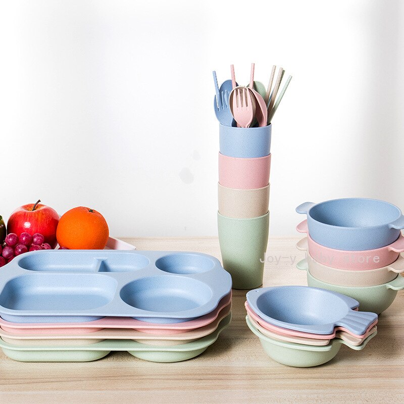 6 Stks/set Baby Mooie Kom Tarwe Materiaal Kinderen Sectionele Diner Plaat Tarwe Stro Materiaal Kom Servies Set Plastic Effen