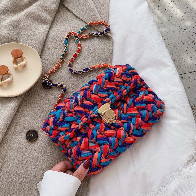 Mode Katoen Geweven Vrouwen Schoudertas Gehaakte Hand Geweven Vrouwen Messenger Bag Keten Vrouwen Tassen Dames Handtassen vrouwelijke Clutch: Rood