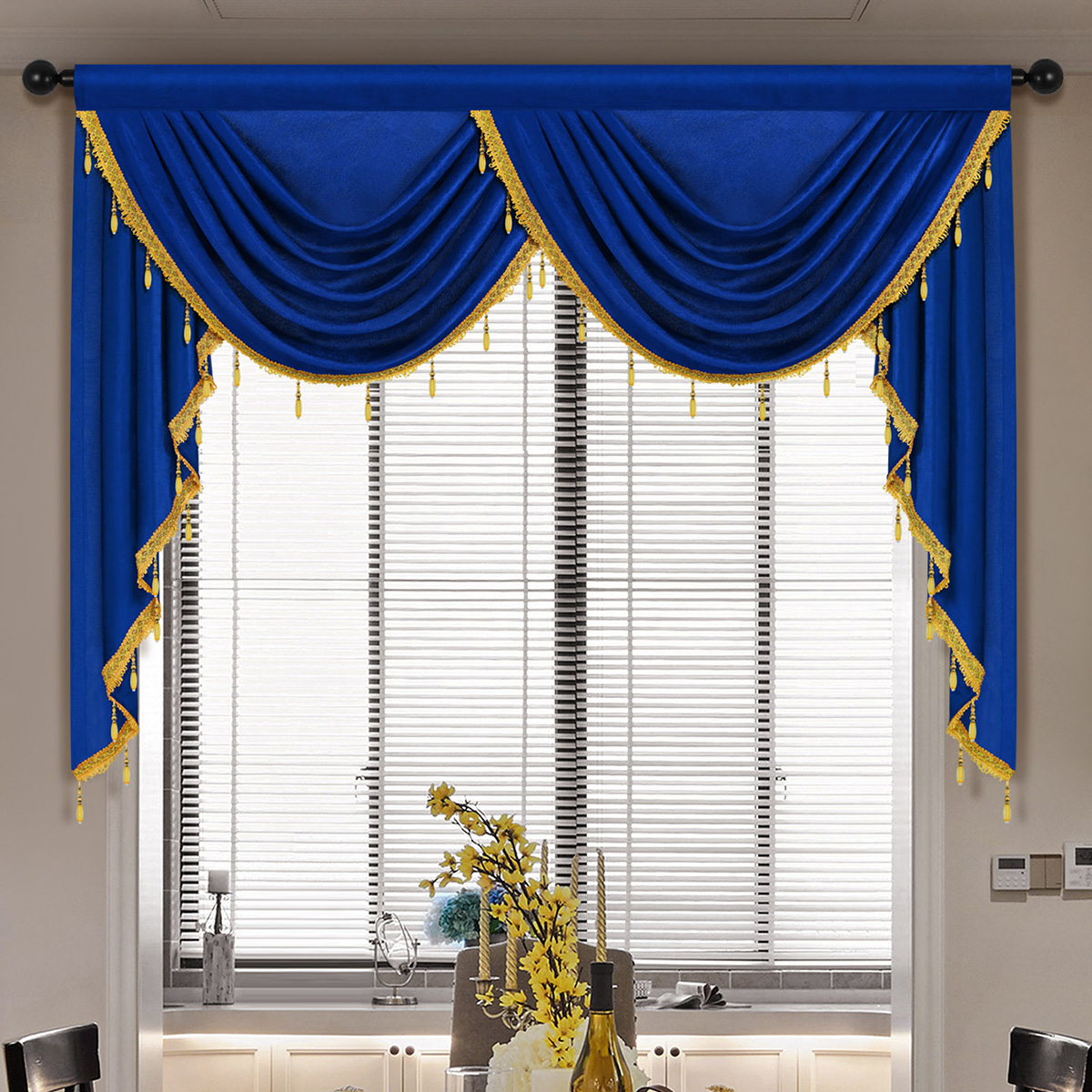 Rideau de cantonnière en tissu velours de style européen, cantonnière en tissu velours italien pour la décoration intérieure, poche la plus récente, divers documents au choix, cascade, 1PC: Bleu
