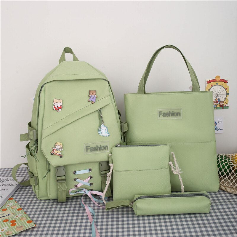 Girls School Bags for Teenage 4 Pcs Set Nylon Cute Ribbon Backpack Women Middle Student Schoolbag: Green