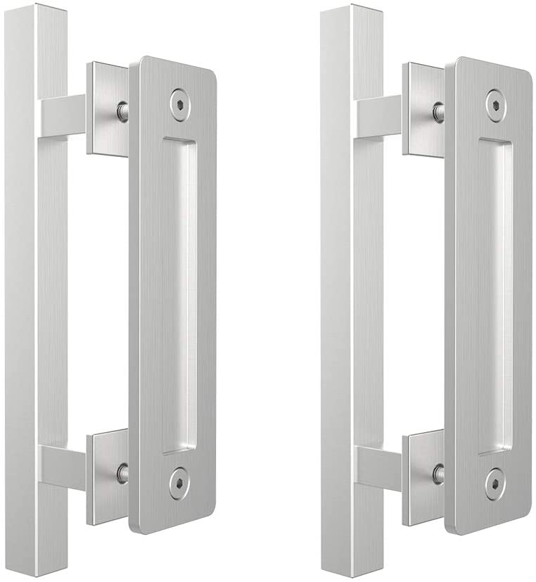 Gifsin 12" Heavy Duty Barn Door Pull Handle Square Shape Flush Pull Handle Set Carbon/Stainless Steel Door Hardware: 2 packs Silver