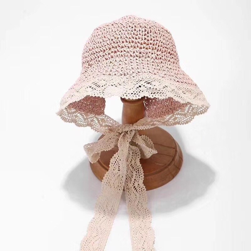 Barnhatt till stranden bebis flicka spetsrem solhatt handgjord hatt barn sommarresehatt loli flicka vikbar strandhatt med bandage: Naturlig