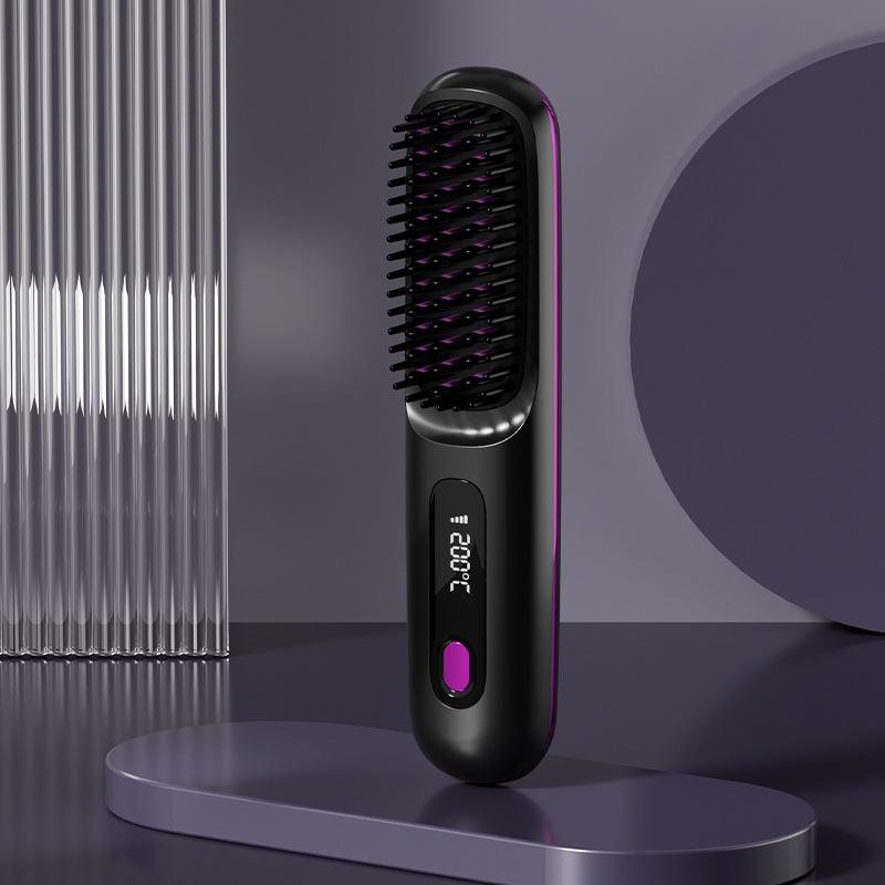Peine de pelo liso con calefacción USB LCD eléctrico, herramienta de estilismo de iones negativos portátil inalámbrica, cepillo alisador recargable: Azul