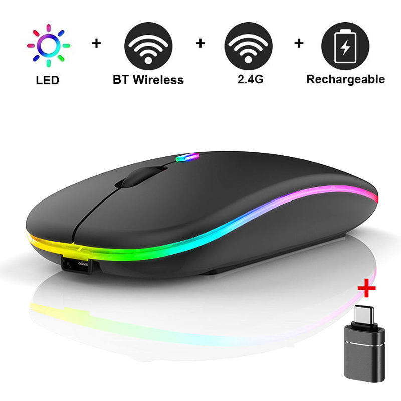 LED Wireless Mouse Bluetooth-compatible 2.4GHz Slim Rechargeable Silent Mice RGB Ergonomic Gaming mouse for Computer Laptop PC: Blue