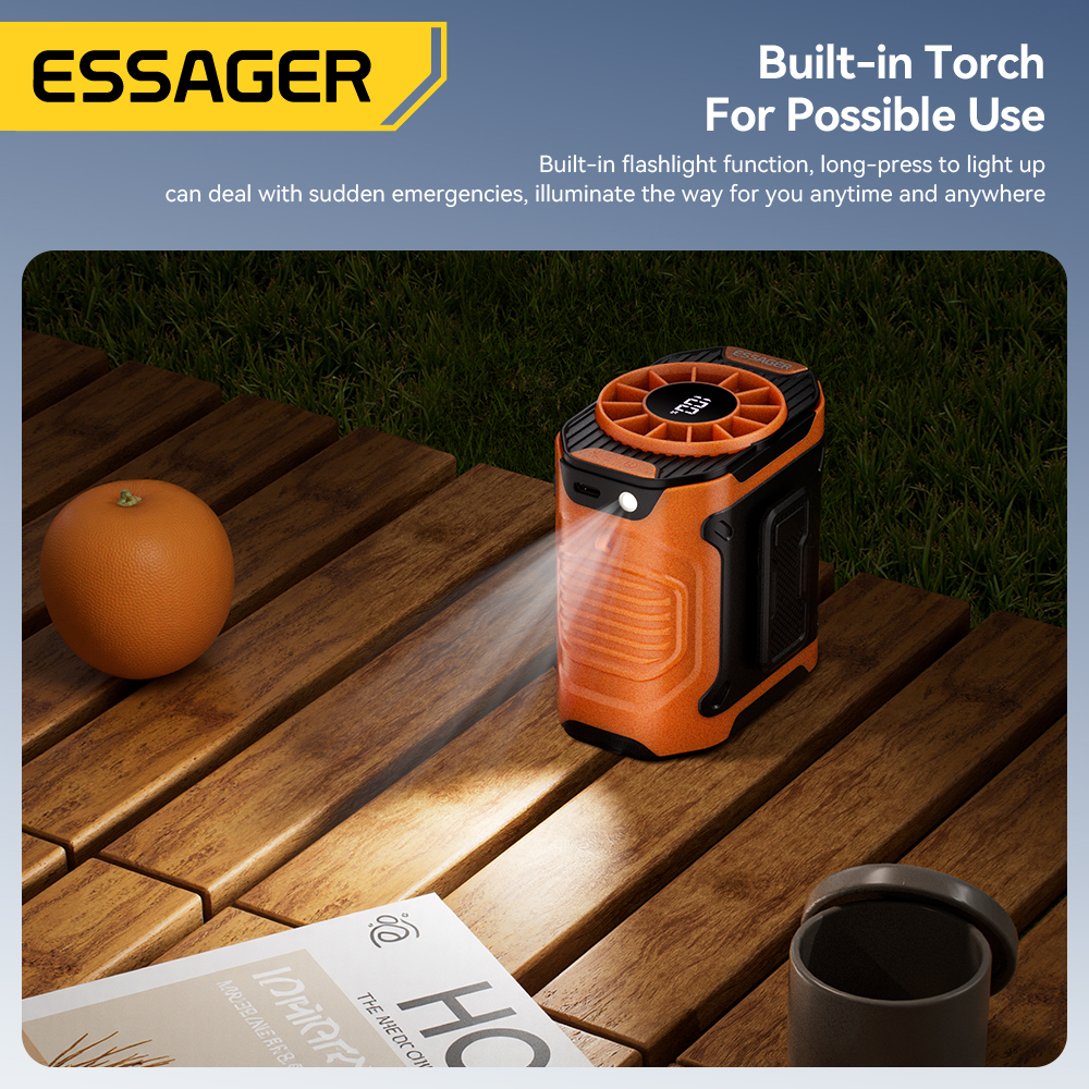 Essager-ventilador de cintura de alta velocidad, ventilador portátil para exteriores, cuello colgante, viento fuerte con iluminación LED PowerBank para trabajo al aire libre