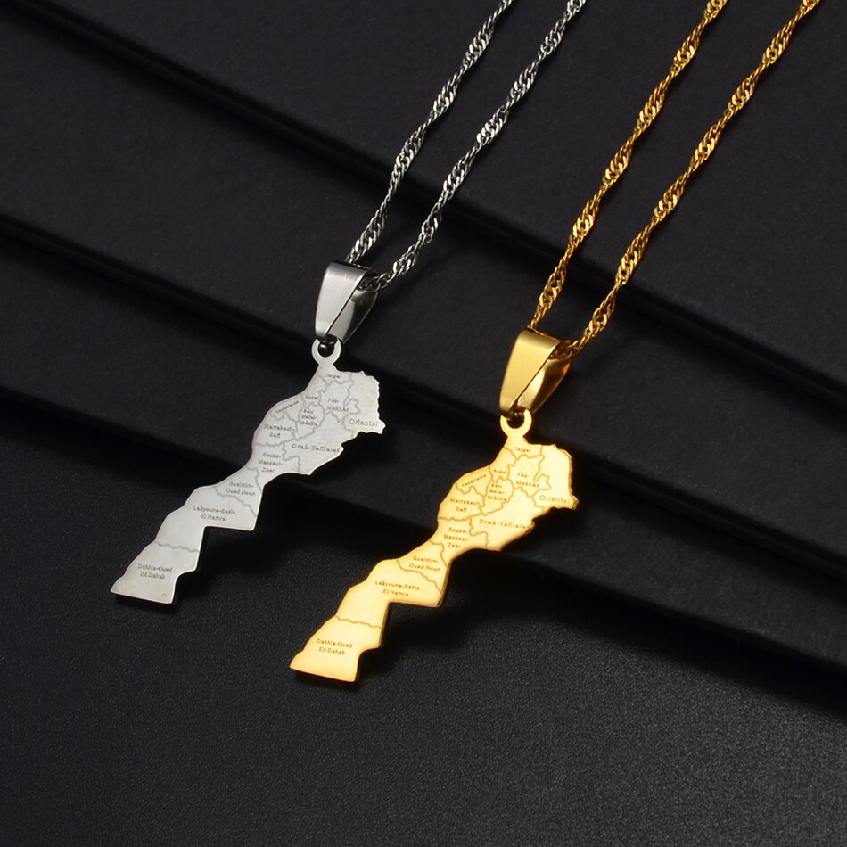 Anniyo Maroc Mappa e città Nome Collana con ciondolo Gioielli color oro per donna Uomo Mappa del Marocco @ 236721