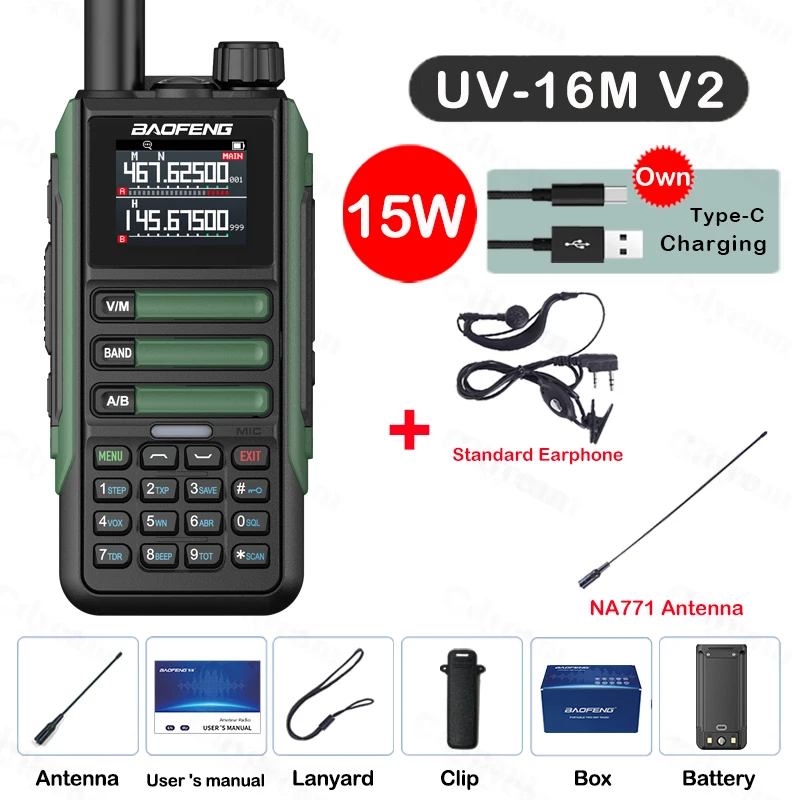 Upgrade Baofeng UV16M V2 Walkie Talkie 15W High Capacity AM FM 2-Way Radio Full Band LCD 999CH Frequency Copy NOAA Noise Reduce: green