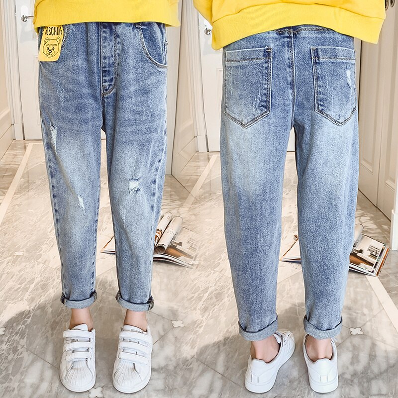 enfants pantalons jean bébé filles automne Denim pantalon déchiré jean cassé trou coton doux étudiant filles vêtements ours crayon pantalon