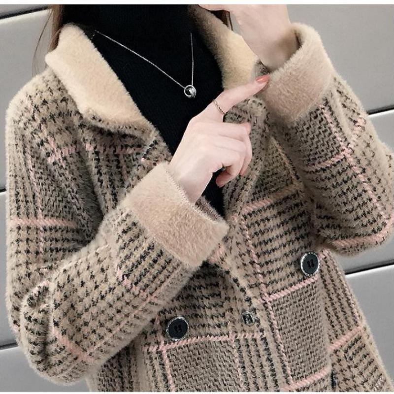 Female Casual Thickening Plaid Plus Size Mink Velvet Overcoat Winter Medium Long Double-breasted Blend Coat