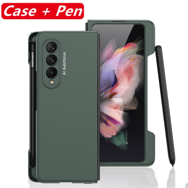Mobiele Telefoon Stylus Pen Met Case Voor Samsung Galaxy Z Vouw 3 5G Ultra Slim Frame Side Pen Slot houder Hard Plastic Beschermhoes: Green With Pen
