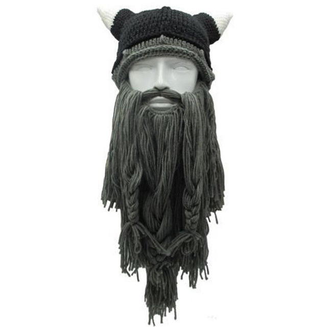 Halloween cosplay män stickad vikinga skägg horn mössa skidmask keps barbar vagabond keps cool varm unisex för vintermössa: Grått skägg