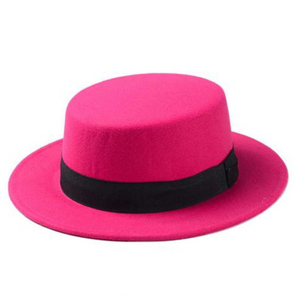 Wool Boater Flat Top Hat For Women Felt Wide Brim Fedora Hat: Rose