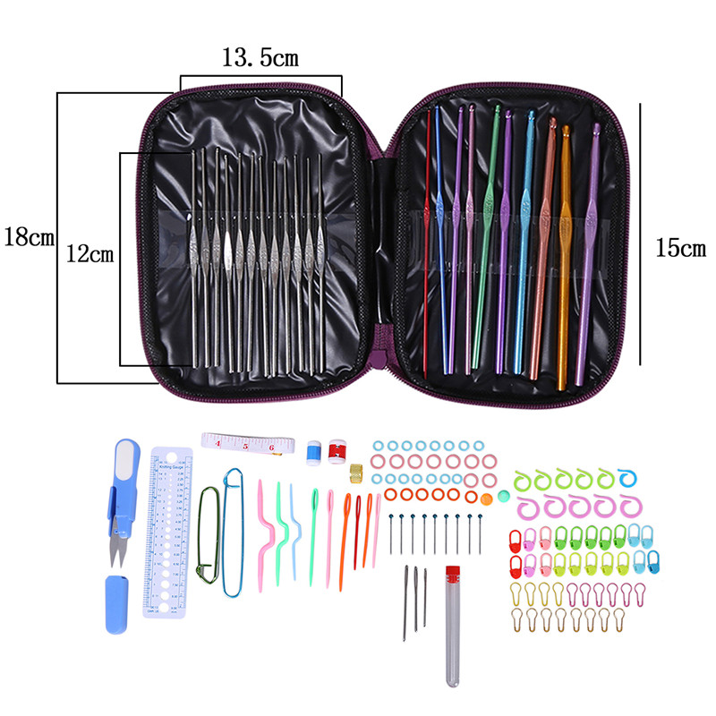 100-herramienta para tejer conjunto de aluminio conjunto de ganchos de ganchillo hilado utensilios para costura con aguja Kit fácil para llevar a casa el producto textil: Purple