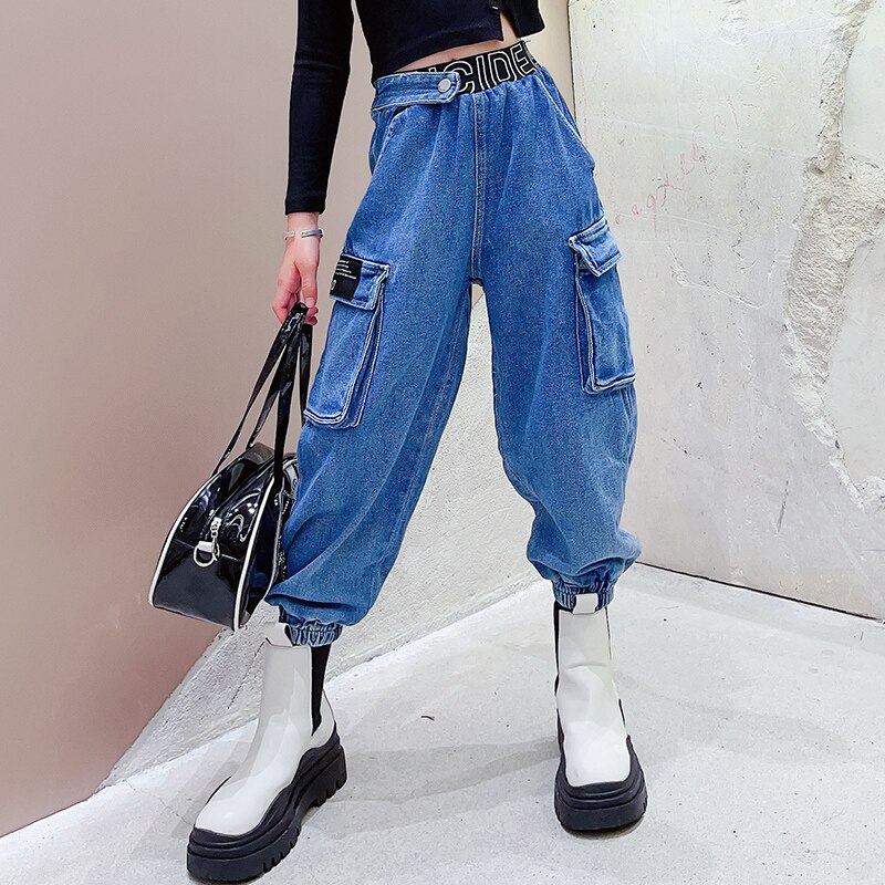 Lente Cowboy Kinderen Jurk 5 6 7 8 9 10 Jaar Meisjes Broek Zakken Jeans Letters Geborduurd Denim Cargo broek Student Meisjes