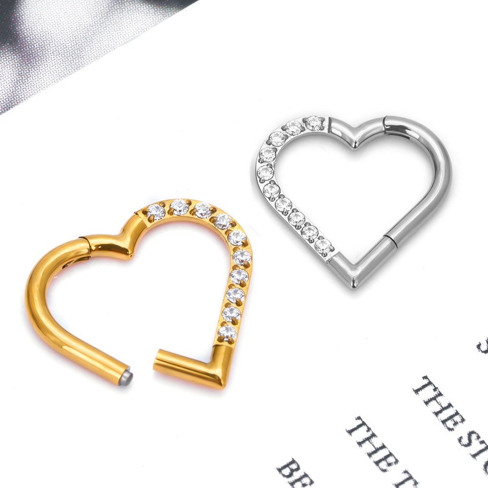 ASTM F-136 anneau de nez en titane Daith coeur boucle d'oreille cerceau Cartilage Tragus D forme Helix anneaux articulé Segment cerceau avec CZ clair