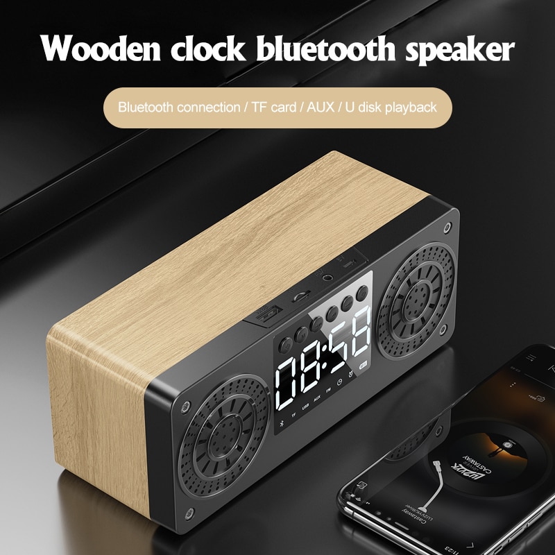 Houten Bluetooth Speaker Draagbare Draadloze Luidsprekers Bass Stereo Subwoofer Met Handsfree Tf Card Aux MP3 Fm Speler Wekker