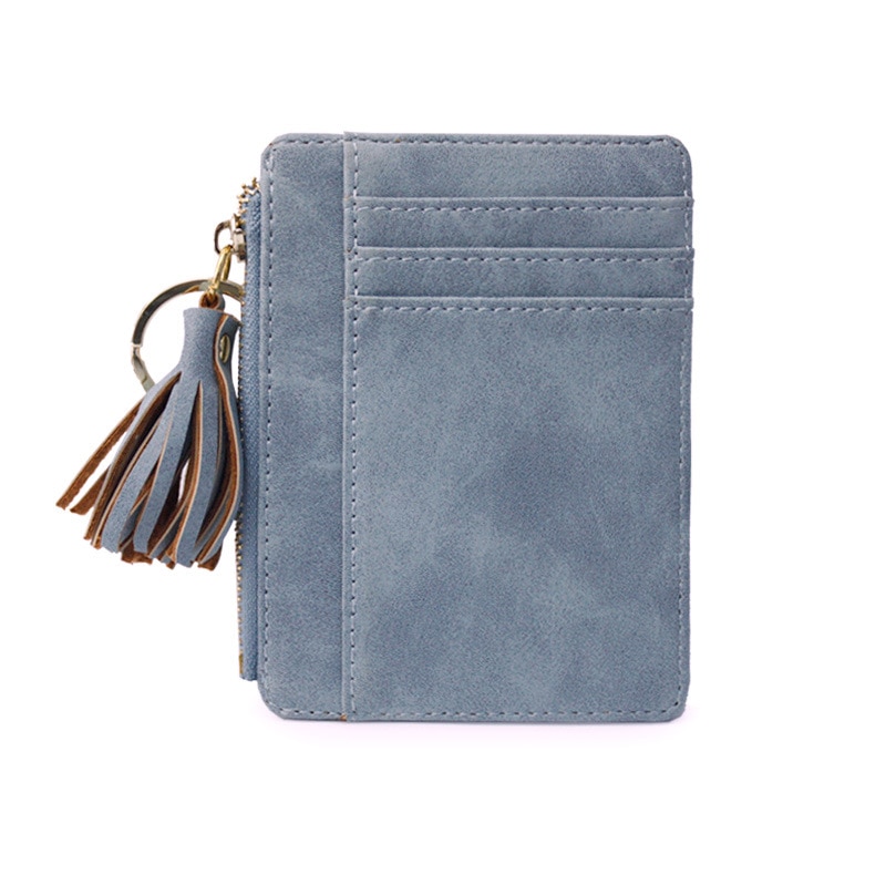 Matt Leather Mini Tassel Women Card Holder Cute Credit ID Card Holders Zipper Wallet Case Change Coin Purse Keychain Nubuck: Blue