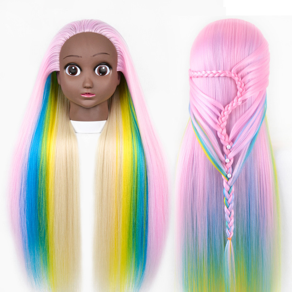 Female 3D Blue Eye Blonde Gold Human Hair Mix Synthetic Curl Training Styling Head Mannequin Doll: Middle Brown