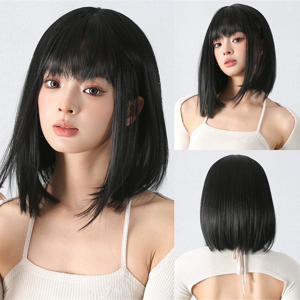 Korte Bob Synthetische Pruiken Zwart Bruin Steil Haar Pruik met Pony Natuurlijke Synthetische Haar Pruik Voor vrouwen Dagelijks Feest Cosplay Gebruik: 1B/30HL