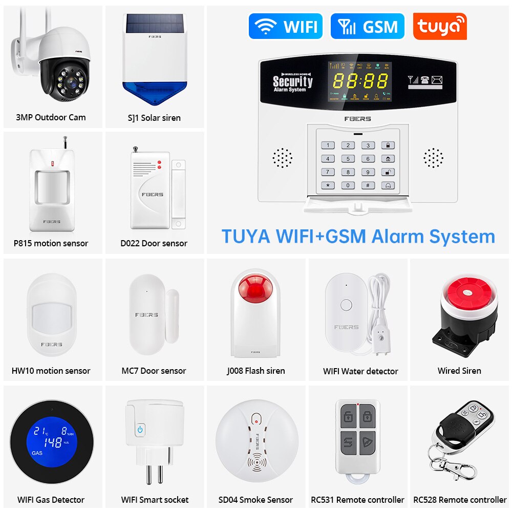 Fuers-sistema de alarma inteligente Tuya para el hogar, alarma antirrobo con WIFI, GSM, con pantalla LCD a Color, Sensor de movimiento de seguridad