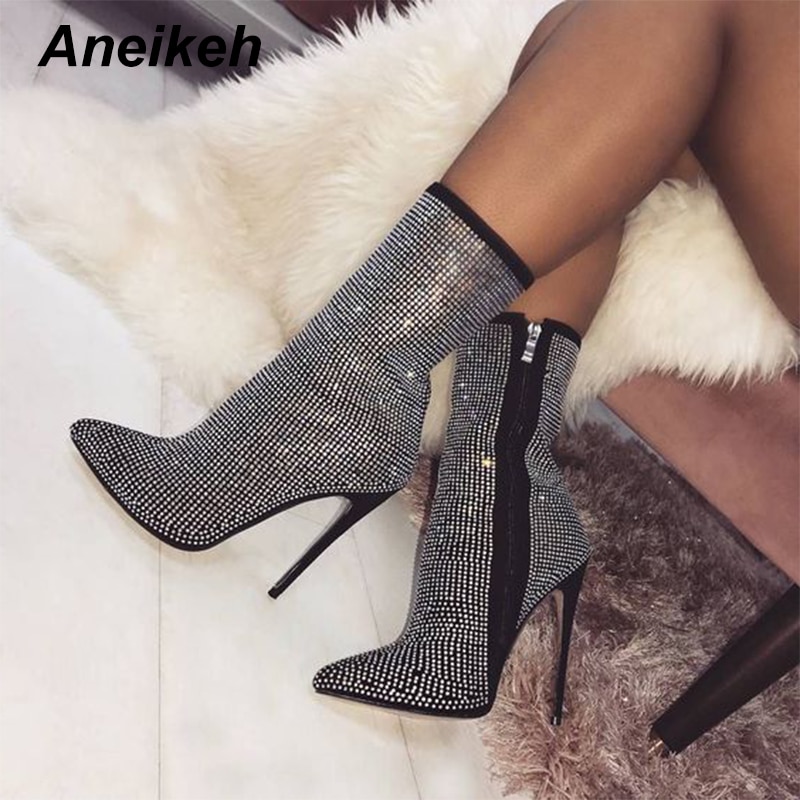 Aneikeh höst glitter skor höga dam ankelboots strass spetsig tå tunna klackar chelsea boots skor stl 35-40