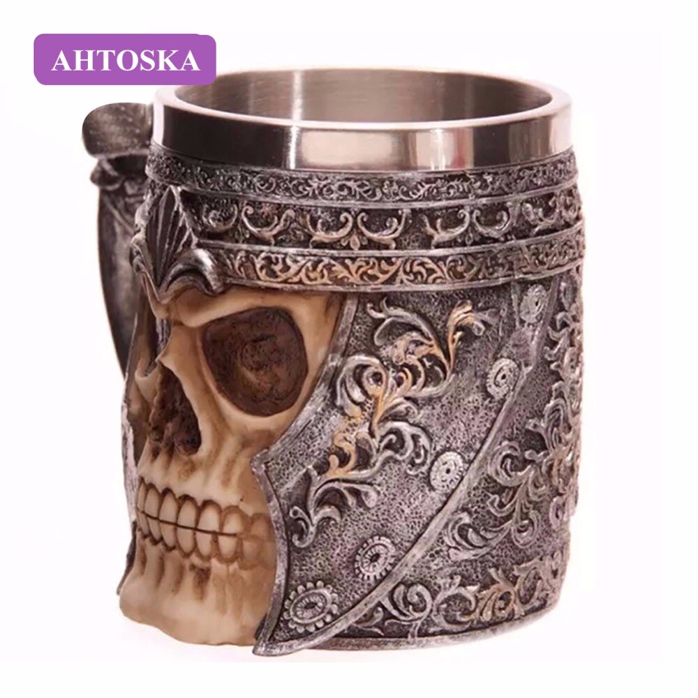 3D Café Lait Tasse Résine Crâne Tasse Chope Frappant Guerrier de Crâne Chope Viking Crâne Chope de bière En Acier Inoxydable Verres