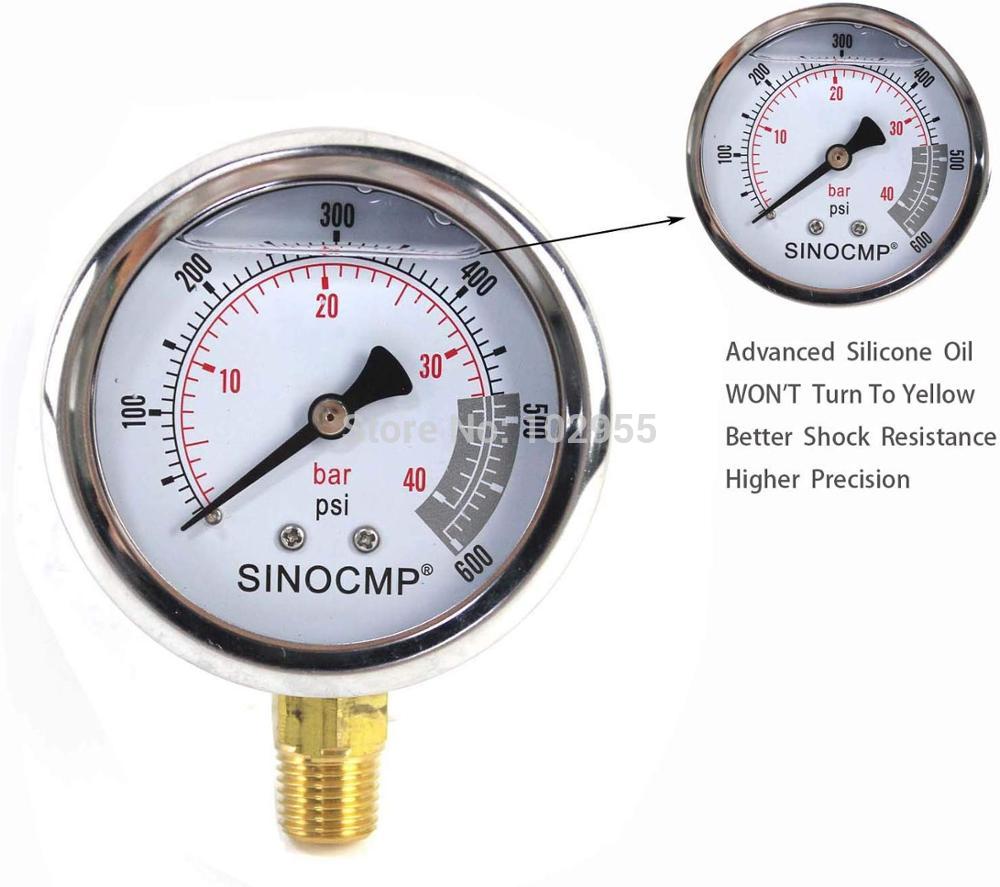 Hydraulic Pressure Gauge 4Mpa/0-40Bar/0-600PSI Economical Multi Purpose Double Scale Stainless Steel Glycerin Filled Gauge