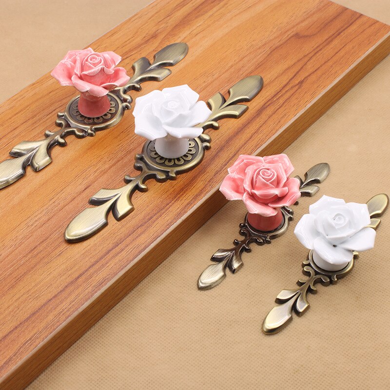 6,7 "Keramik Blume Rose Schublade Knöpfe Zink-legierung Ländlichen Schrank Schrank griffe 40mm durchmesser Möbel Griffe Hardware-