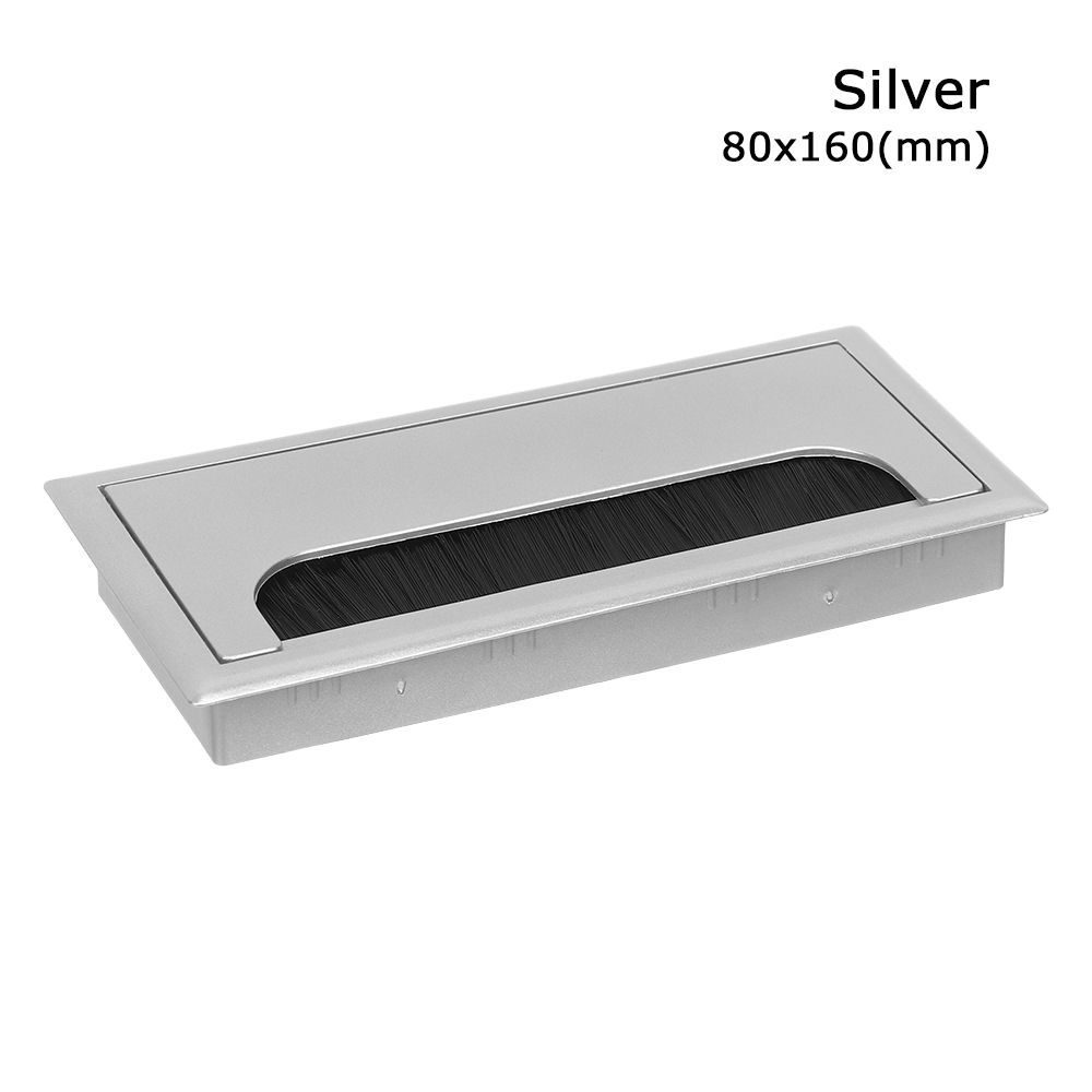 Porte-câble rectangulaire, trou d&#39;œillet, Port de sortie avec brosse noire, décor de bureau d&#39;ordinateur, boîte à fil, rangement de câbles de bureau: Silver-80x160mm