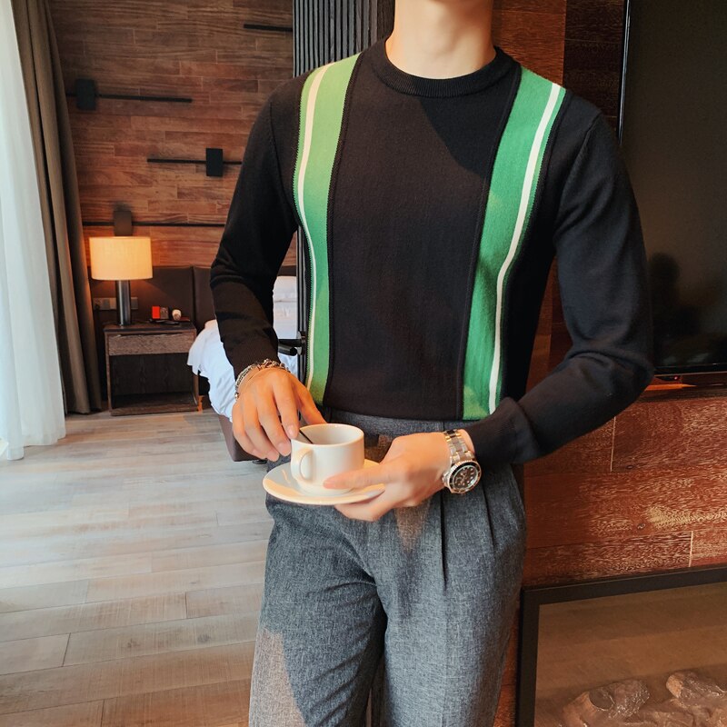Brittisk stil höst vinter tröja herr långärmade tröjor herr stickade tröjor patchwork färg o-neck pull homme: Svart / Asiatisk  l 58-65kg