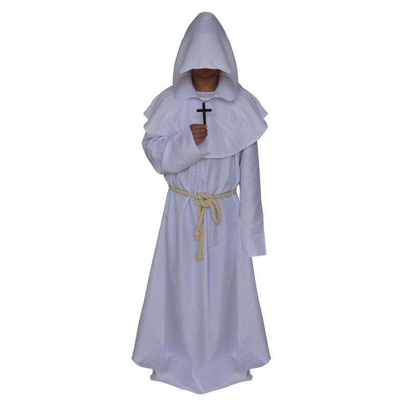 Halloween Costume Medieval Monk Priest Friar Cosplay Hooded Robes Cloak Cowl: White/Blue/Black/Coffee/Red Color: White Color / XL