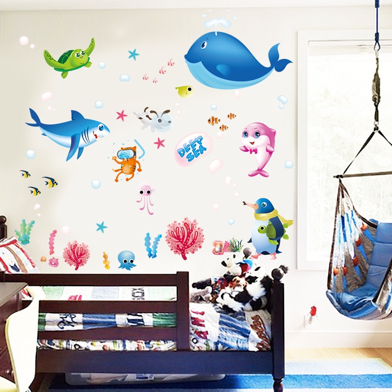 Pegatinas de pared para acuario, decoración para el hogar en el fondo marino para la habitación infantil, pegatina de vinilo para habitación infantil subacuática, decoración para el cuarto del bebé