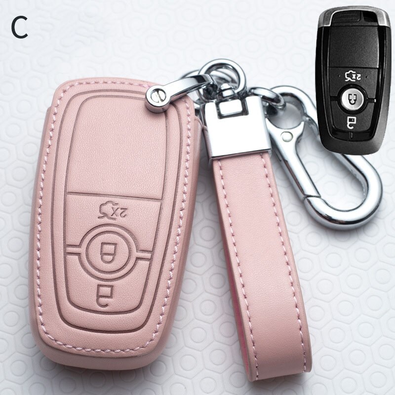 Leather Car Key Cover Key Case For Ford Focus Fiesta Mondeo Kuga Escape Fusion Mustang Explorer Edge Ecosport: C-Pink