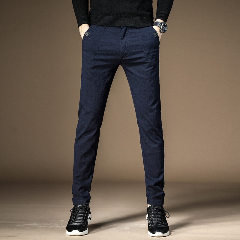men's casual pants fitness cotton blends long trousers plus size winter elastic dark grey young leisure slacks: Blue / 36