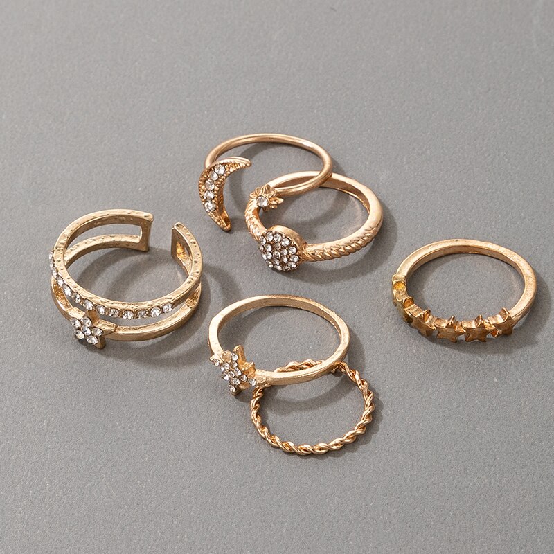 Docona 6 unids/set Bohemia Luna estrella conjuntos de anillos para nudillos para las mujeres de cristal encantador anillos para articulaciones Mujer Accesorios de la joyería de Bijou