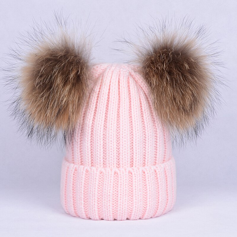 Gorro de dos pompones peludos de invierno para niños, gorro bonito tejido para niñas y niños, gorro cálido de punto para Gorros de bebé, gorro cálido para niños: pink / child size(40-51cm)
